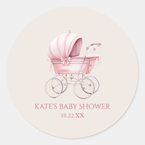 Elegant Pink Vintage Baby Carriage Baby Shower Classic Round Sticker