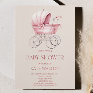 Elegant Pink Vintage Baby Carriage Baby Shower Invitation