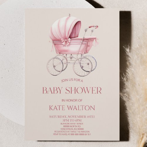 Elegant Pink Vintage Baby Carriage Baby Shower Invitation