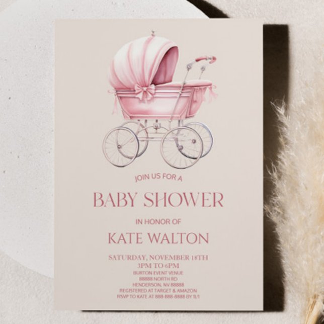 Elegant Pink Vintage Baby Carriage Baby Shower Invitation (Creator Uploaded)