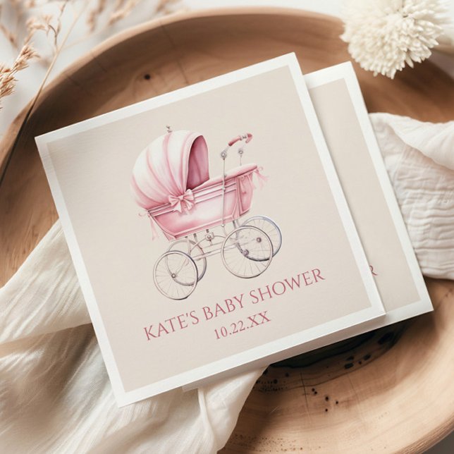Elegant Pink Vintage Baby Carriage Baby Shower Napkins (Creator Uploaded)