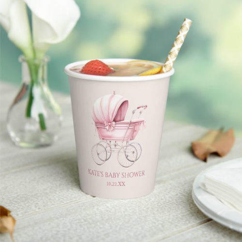 Elegant Pink Vintage Baby Carriage Baby Shower Paper Cups
