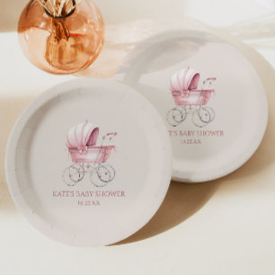 Elegant Pink Vintage Baby Carriage Baby Shower Paper Plates