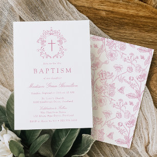 Elegant Pink Vintage Floral Cross Baptism Invitation