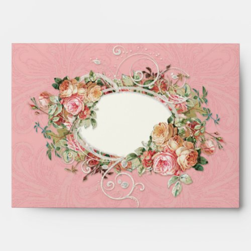 Elegant Pink Vintage Floral Rose Damask Lace Bride Envelope