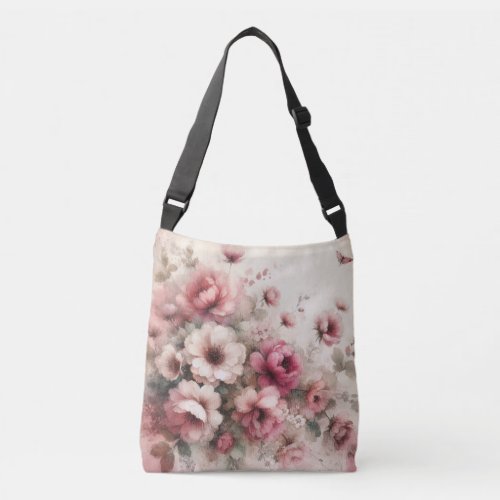 Elegant Pink Vintage Inspired Watercolor Floral  Crossbody Bag