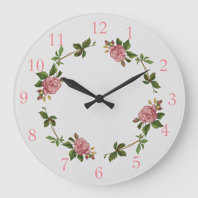 Elegant Pink Vintage Rose Large Clock (Front)