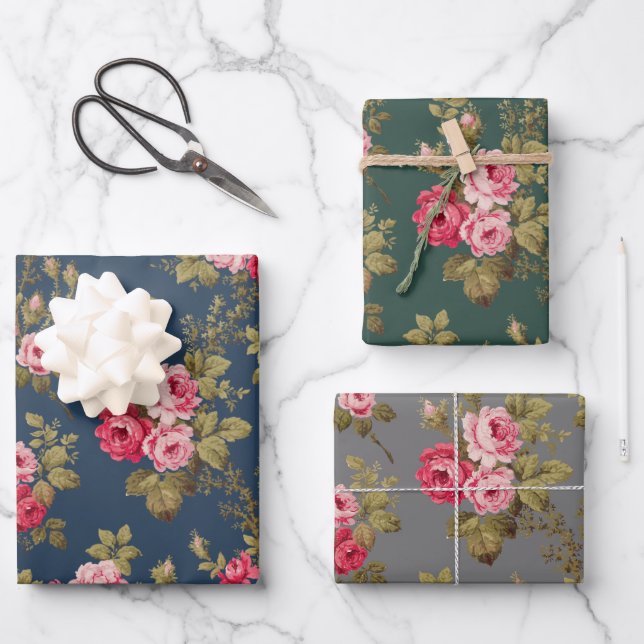 Elegant Pink Vintage Roses on Blue/Green/Gray BG Wrapping Paper Sheets (Front)
