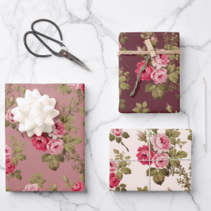Elegant Pink Vintage Roses on Maroon/Buff/Old Rose Wrapping Paper Sheets