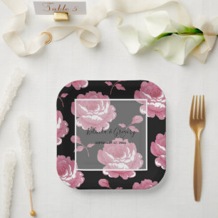 Elegant Pink Vintage Roses Wedding Paper Plates