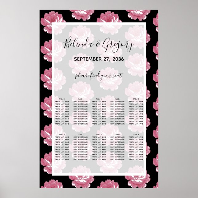 Elegant Pink Vintage Roses Wedding Seating Chart (Front)