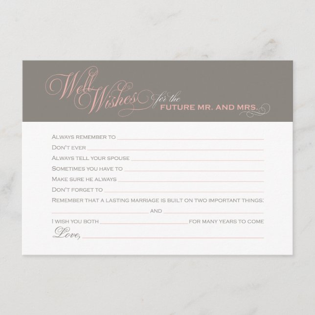 Elegant Pink Warm Gray Bridal Shower Well Wishes Advice Card (Front)