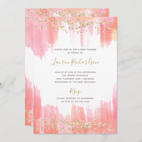 Elegant Pink Watercolor and Gold  Baby Shower Invitation