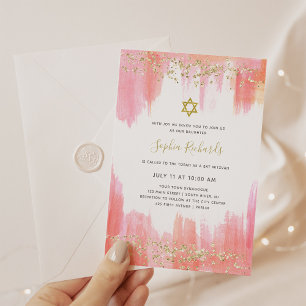 Elegant Pink Watercolor and Gold Bat Mitzvah Invitation