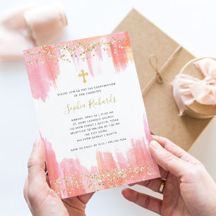 Elegant Pink Watercolor and Gold   Confirmation Invitation