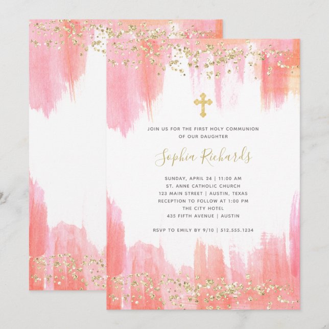 Elegant Pink Watercolor and Gold | First Communion Invitation (Front/Back)