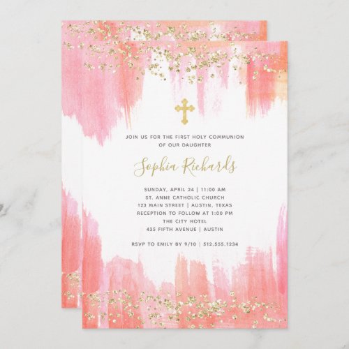 Elegant Pink Watercolor and Gold  First Communion Invitation