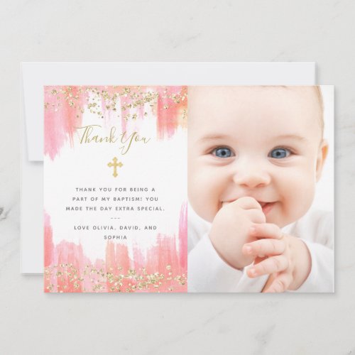 Elegant Pink Watercolor and Gold  Photo Baptism Thank You Card