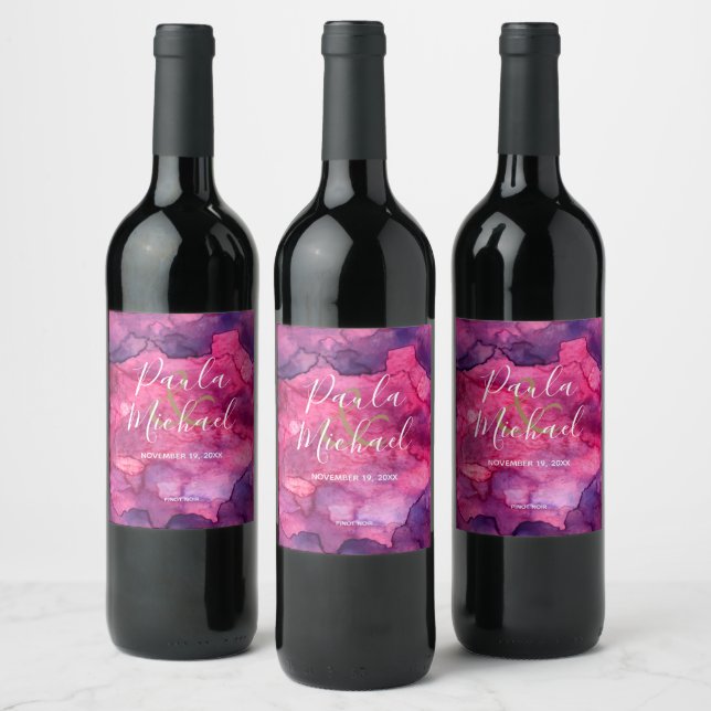 Elegant Pink Watercolor Background Wedding Wine Label (Bottles)