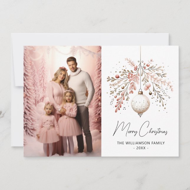 Elegant Pink Watercolor Bauble Christmas Card (Front)