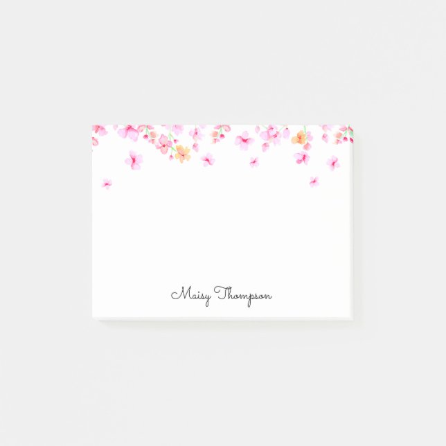 Elegant Pink Watercolor Blossom Script Name Post-it Notes (Front)