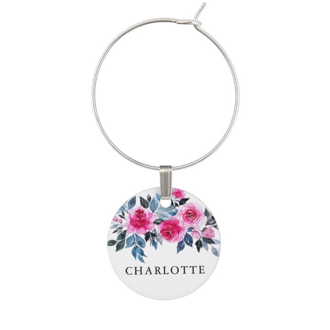 Elegant Pink Watercolor Botanical Wine Charm (Front)