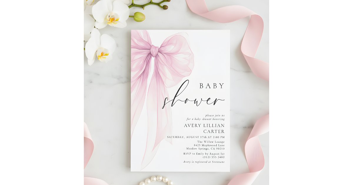 Elegant Pink Watercolor Bow Baby Shower Invitation | Zazzle