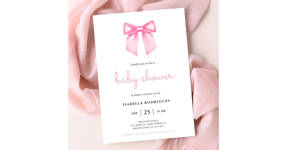 Elegant Pink Watercolor Bow Baby Shower Invitation | Zazzle