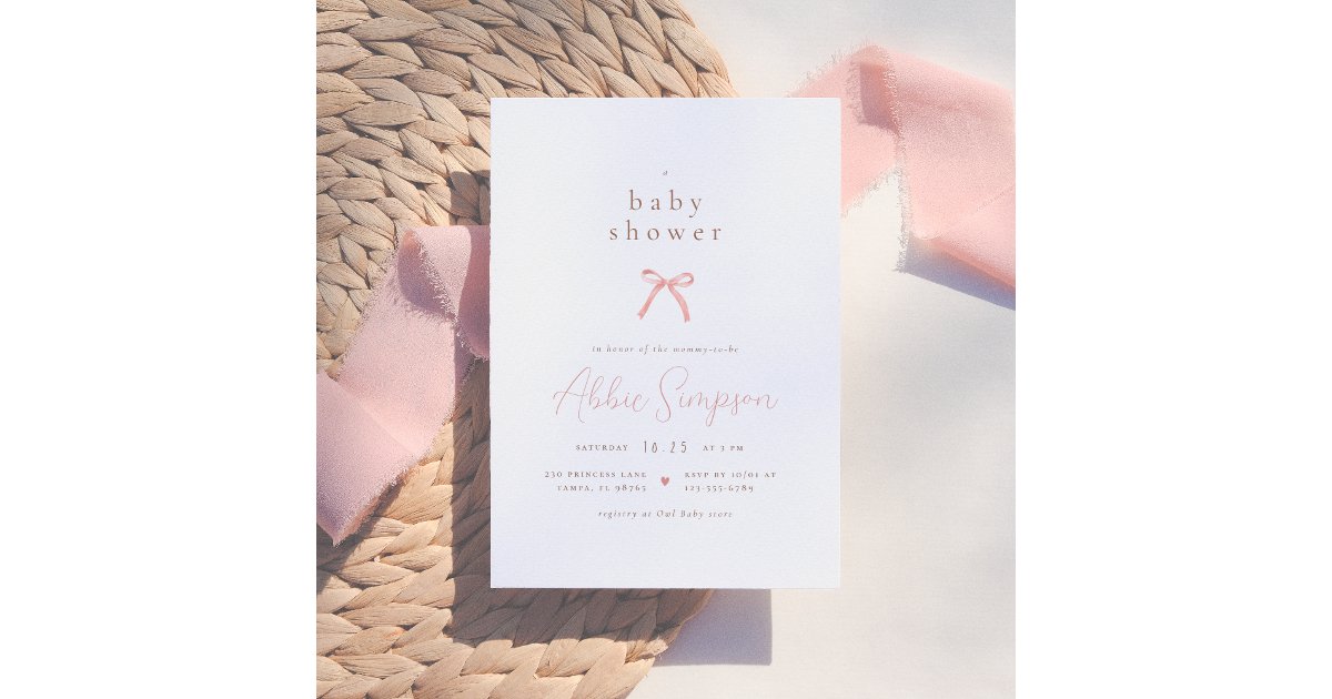 Elegant Pink Watercolor Bow Girl Baby Shower Invitation | Zazzle