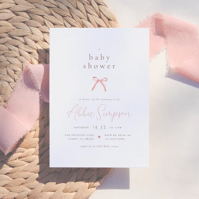 Elegant Pink Watercolor Bow Girl Baby Shower Invitation | Zazzle