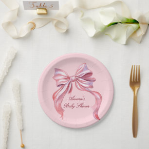 Elegant Pink Watercolor Bow Girl Baby Shower Paper Plates