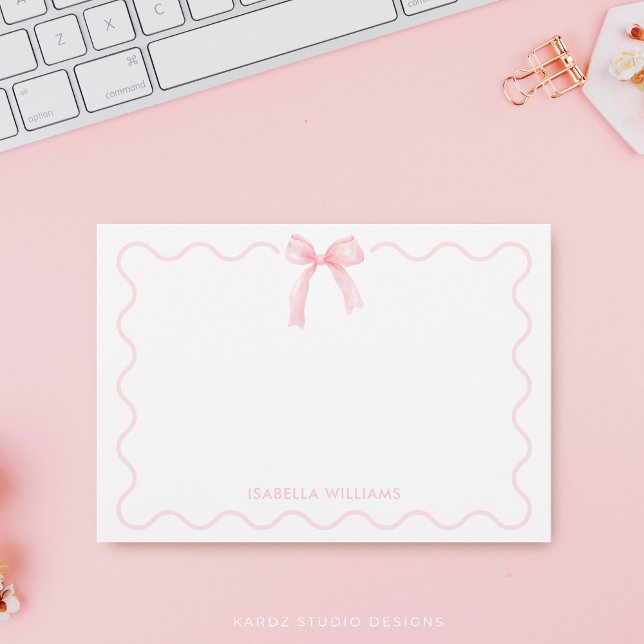 Elegant Pink Watercolor Bow Personalized Note Card (Flat note card is shown in 3.5 x 5 inches. Add name, choose size and corner style.)