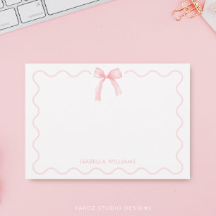 Elegant Pink Watercolor Bow Personalized Note Card