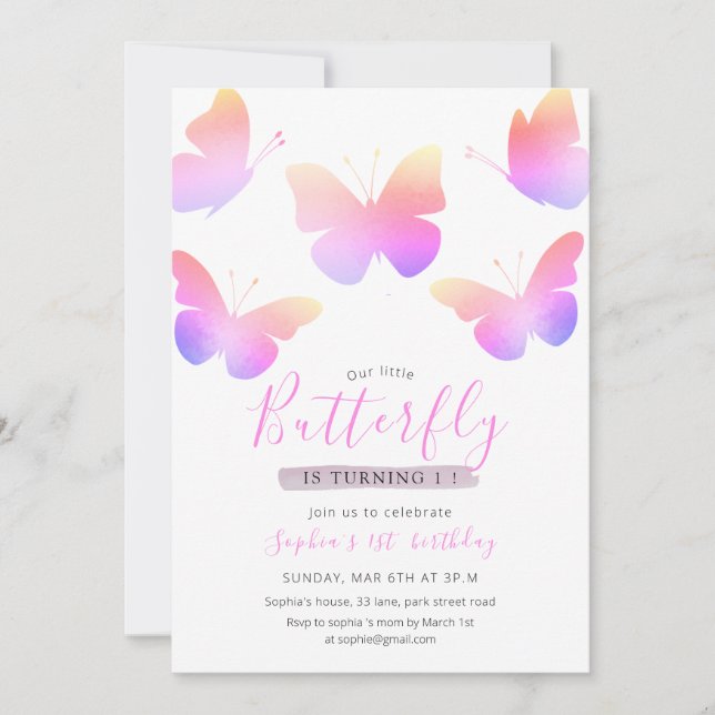 Elegant Pink Watercolor Butterfly 1st Birthday   Invitation (Front)