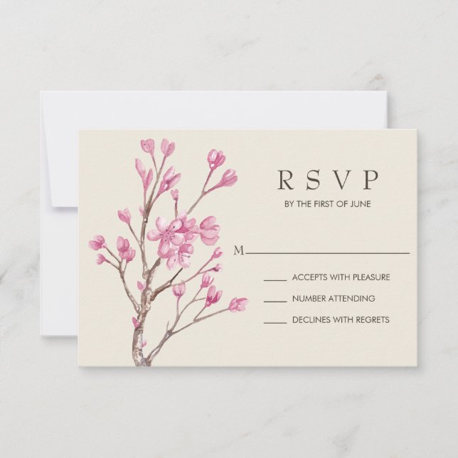 Elegant Pink Watercolor Cherry Blossom Wedding RSVP Card (Front)