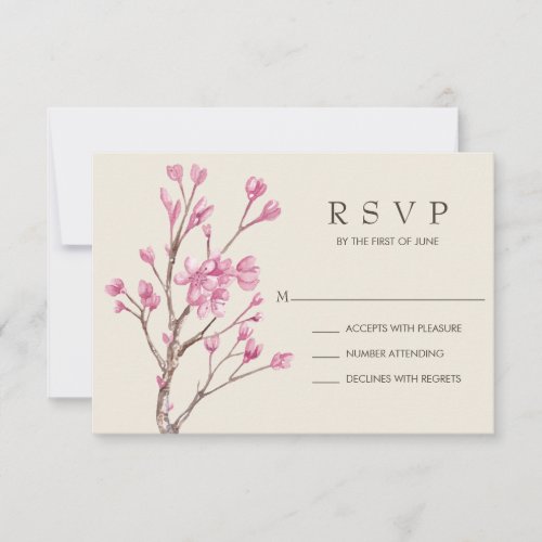 Elegant Pink Watercolor Cherry Blossom Wedding RSVP Card