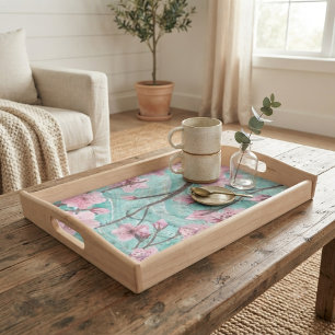Elegant Pink Watercolor Cherry Blossoms On Agate Serving Tray