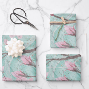 Elegant Pink Watercolor Cherry Blossoms On Agate Wrapping Paper Sheets