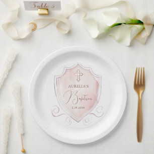 Elegant Pink Watercolor Crest Baptism Paper Plates