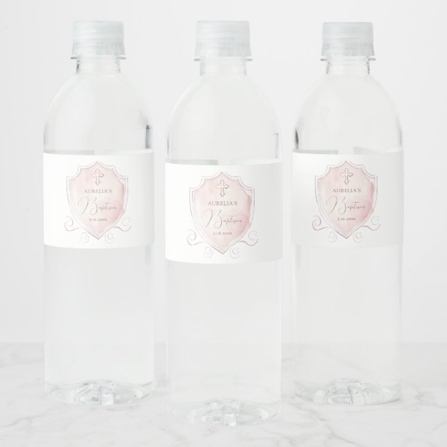 Elegant Pink Watercolor Crest Baptism Water Bottle Label (Bottles)