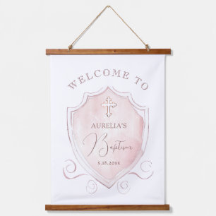 Elegant Pink Watercolor Crest Baptism Welcome Hanging Tapestry