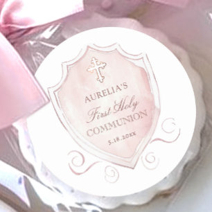 Elegant Pink Watercolor Crest First Communion Classic Round Sticker