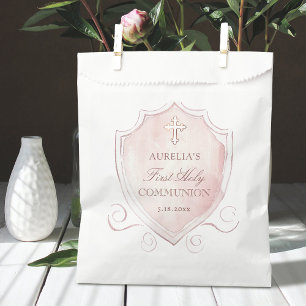 Elegant Pink Watercolor Crest First Communion Favor Bag
