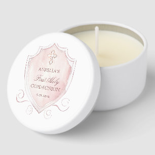 Elegant Pink Watercolor Crest First Communion Mini Candle Favors