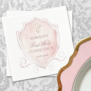 Elegant Pink Watercolor Crest First Communion Napkins
