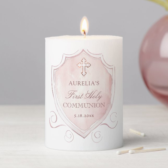 Elegant Pink Watercolor Crest First Communion Pillar Candle (In Situ)