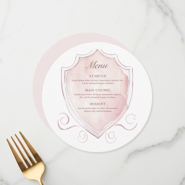 Elegant Pink Watercolor Crest Round Menu (Front/Back In Situ)
