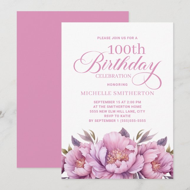 Elegant Pink Watercolor Floral 100th Birthday Invitation (Front/Back)