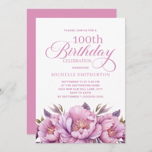 Elegant Pink Watercolor Floral 100th Birthday Invitation