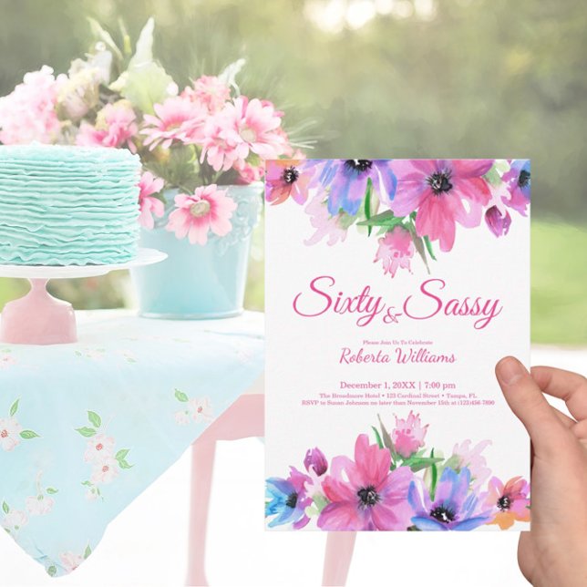 Elegant Pink Watercolor Floral 60th Birthday Invitation (Creator Uploaded)